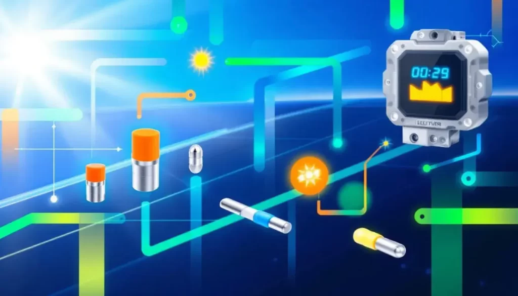An image showcasing various types of fuses used in solar panel arrays.