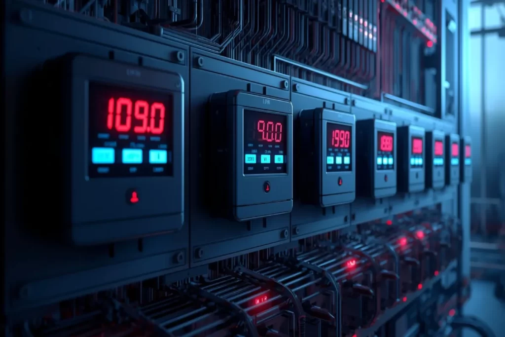 Close-up of digital panel meters with LED displays measuring voltage and current in an industrial control cabinet.