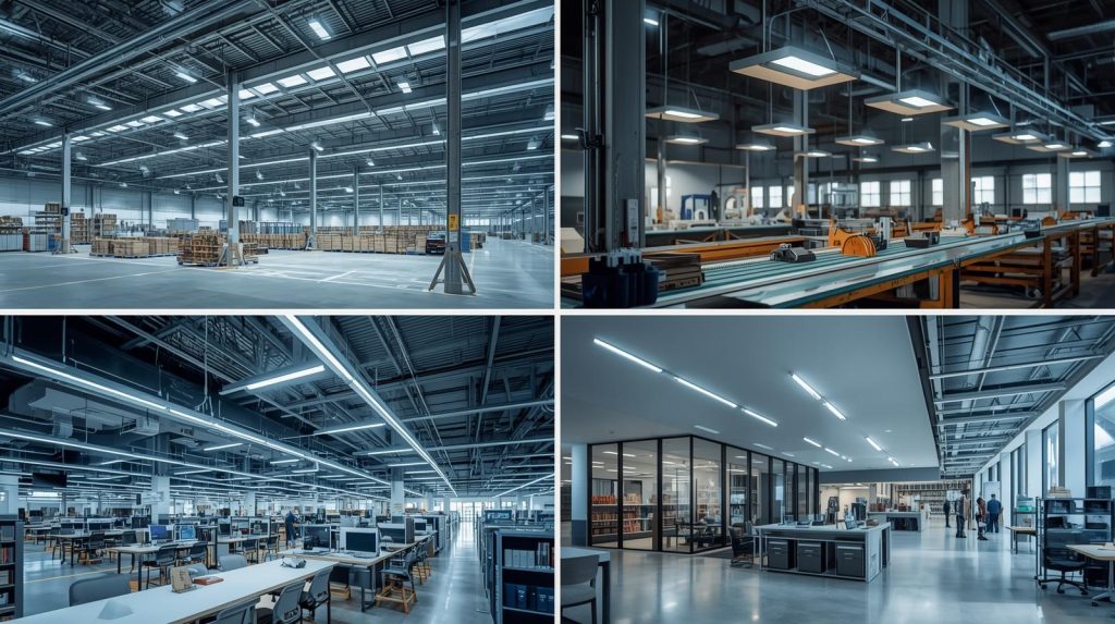 Modern industrial and commercial facilities illuminated with energy-efficient LED lighting for warehouses, factories, and offices.