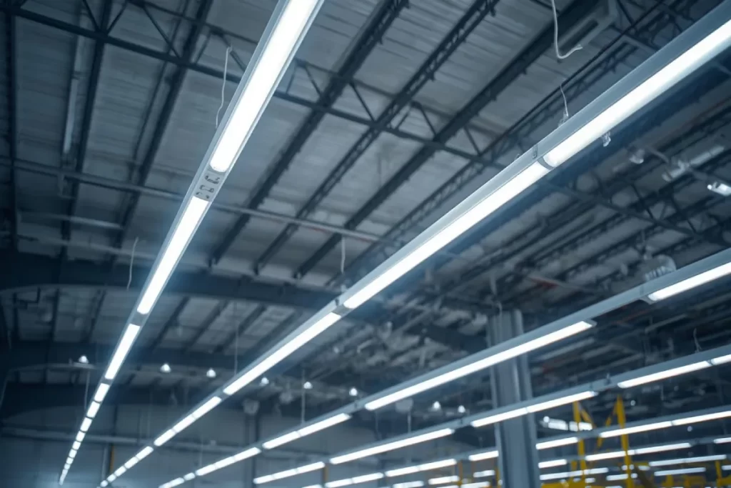 Close-up view of bright LED tube lights installed in an industrial warehouse ceiling, providing efficient and uniform illumination.
