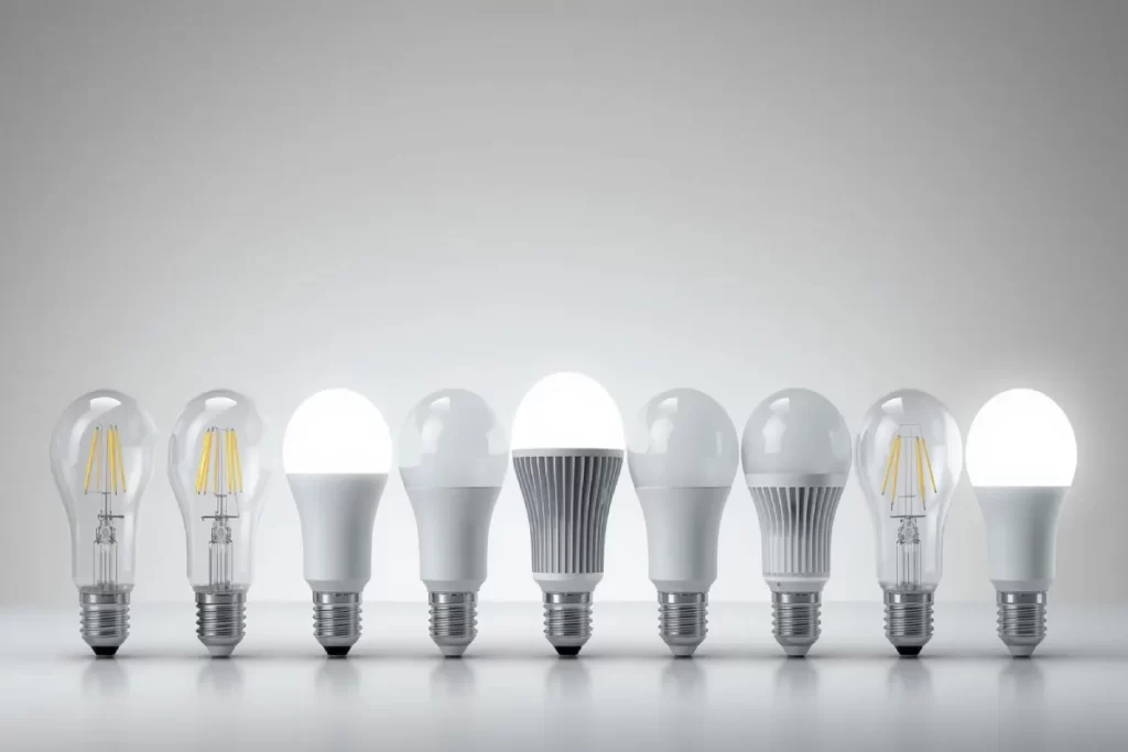 Various LED bulb types, including filament, standard, and energy-efficient models, displayed on a clean white background.